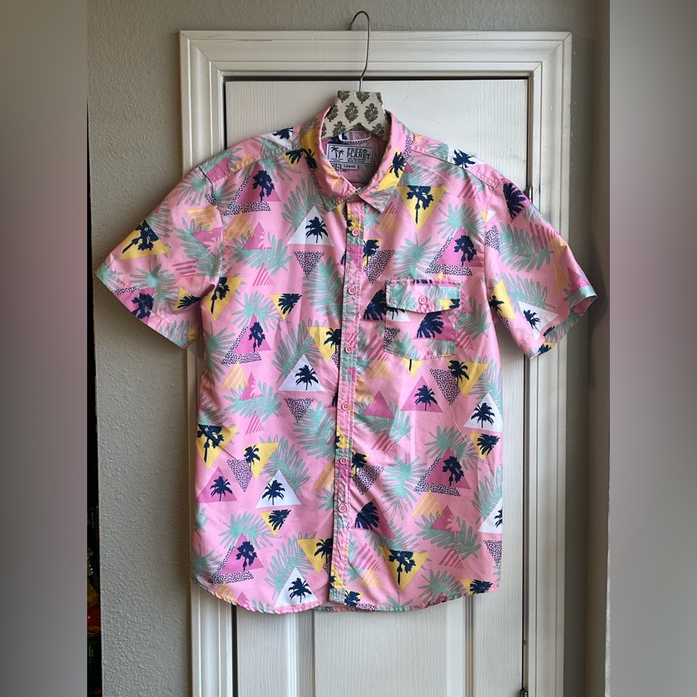 FREE PLANET Pink Tropical Print Short Sleeve Shirt 80’s Neon Men’s L